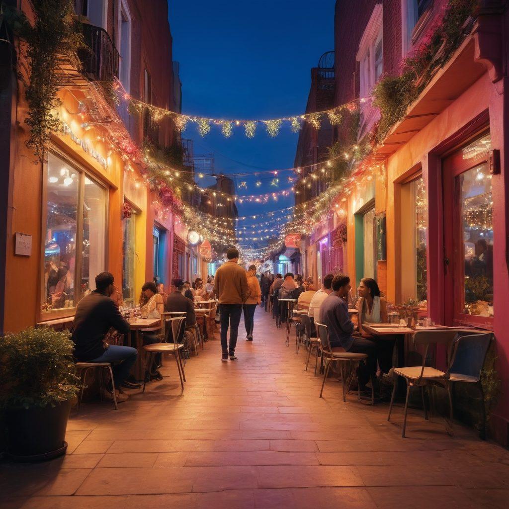 A vibrant street scene filled with diverse couples showcasing affectionate moments, illuminated by colorful street art and fairy lights. Include a backdrop of cozy cafes and neon signs that evoke a sense of warmth and intimacy. Portray a blend of empowerment and romance, with individuals expressing their love boldly. Capture the essence of community and celebration in LGBTQ+ culture. super-realistic. vibrant colors. 3D.