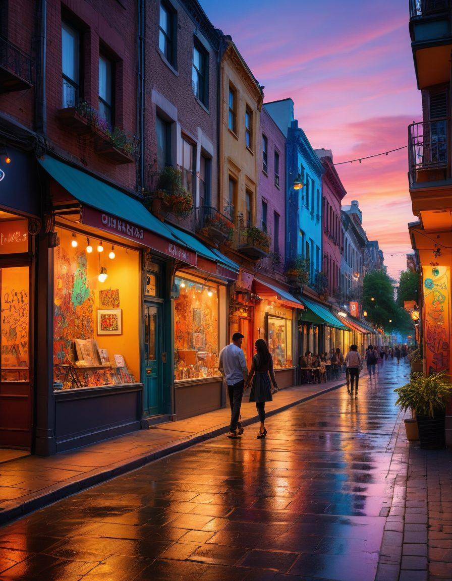 An intimate cityscape at dusk, featuring a diverse couple sharing a tender moment on a busy street, surrounded by vibrant lights and graffiti art that reflects love and inclusivity. Show elements of urban life like cafés and colorful banners celebrating pride. Emphasize feelings of warmth and connection amidst the bustling environment. super-realistic. vibrant colors. urban setting.