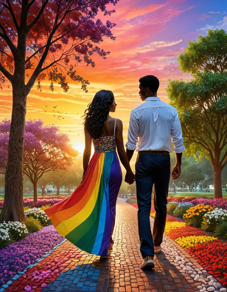 A vibrant and colorful mosaic depicting diverse couples of various genders and ethnicities holding hands, celebrating love in a beautiful park filled with blooming flowers. Incorporate elements like rainbow flags and symbols of unity, with a sunset in the background symbolizing hope and acceptance. The overall atmosphere should feel joyful and inclusive. super-realistic. vibrant colors. 3D.